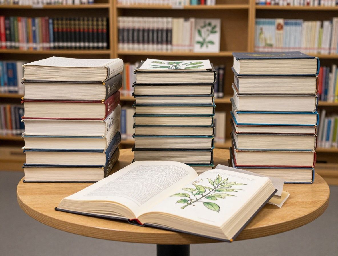 Välordnat studierum med bokhyllor fulla av vetenskapliga böcker, ett träskrivbord med öppna anteckningsböcker och en botanisk illustration inramad på väggen, upplyst av mjukt naturligt ljus från ett högt fönster