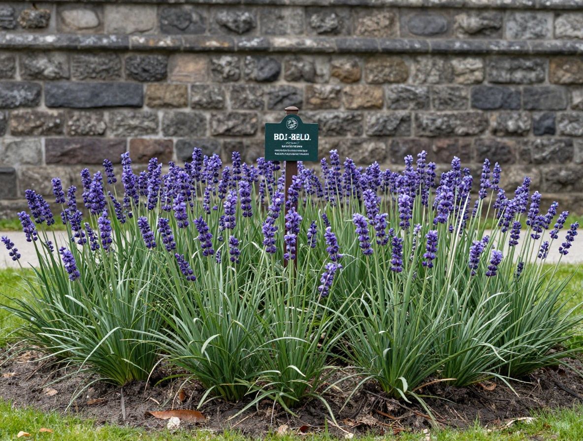 Botanisk trädgård med välorganiserade örtsängar, etikettstolpar i trä, lavendelbuskar i blom och en gammal stenmur i bakgrunden under ett mjukt molnigt nordiskt ljus