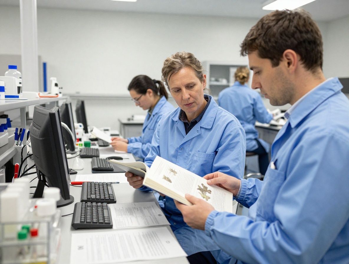 Forskare i vit labbrock sitter vid ett träskrivbord och läser en tjock vetenskaplig bok med botaniska illustrationer, omgiven av prover och anteckningar i ett välordnat laboratorium med naturligt ljus