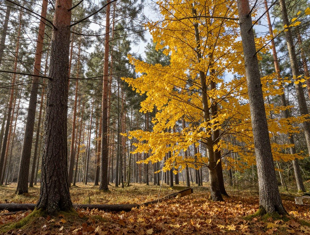 Röda nypon på grenars med daggdroppar i en höstskogsmiljö med guldbruna löv och mjukt nordiskt diffust ljus
