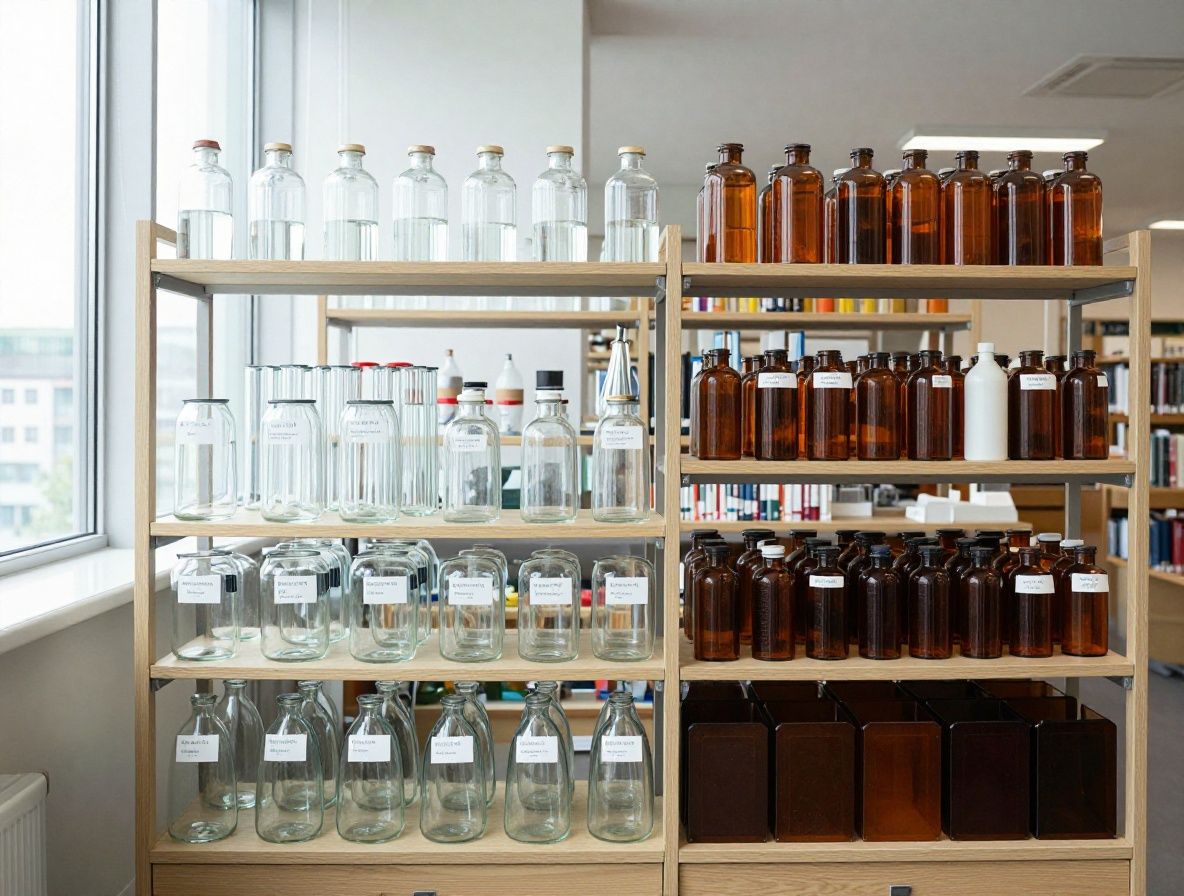 Elegant vetenskapligt forskningsbibliotek med höga bokhyllor, naturligt ljus från höga fönster, bänkar med botaniska prover i glasburkar och ett gammalt mikroskop